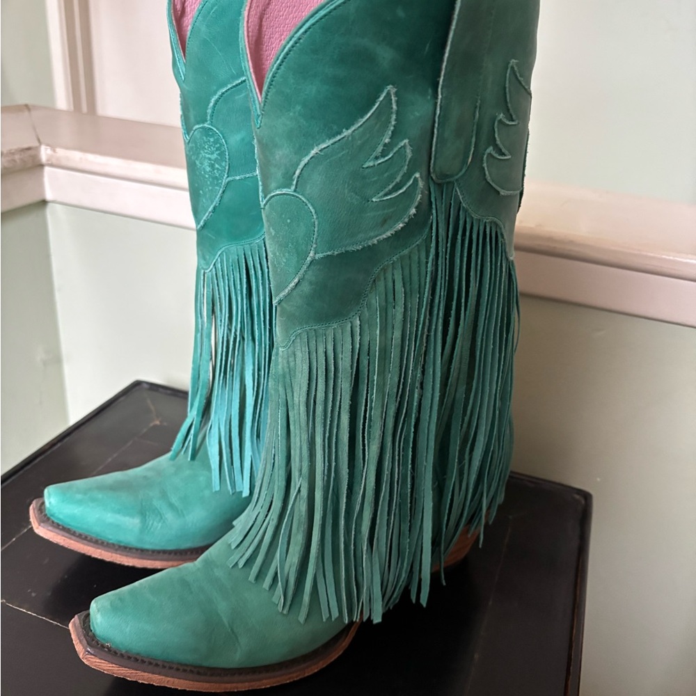 Lane Turquoise Fringe Cowboy Boots - Picture 9 of 15